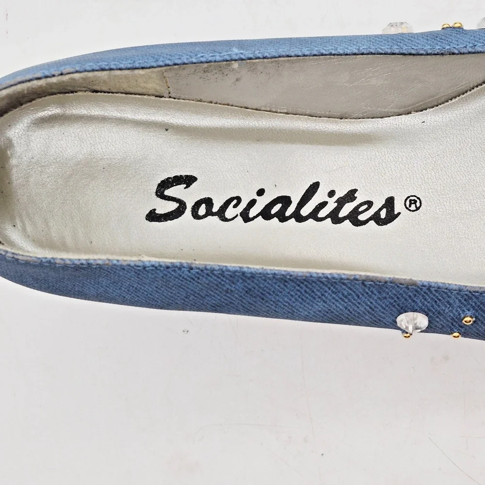 Vintage Socialites Shoes Denim Rhinestone Angie Ballet Pointed Toe Blue Size 8 M